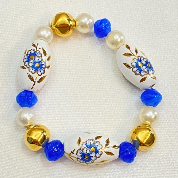 Stretch Bracelet And Earrings Set Deep Blue And White Floral Cloisonne Beads - Picture 3 of 10